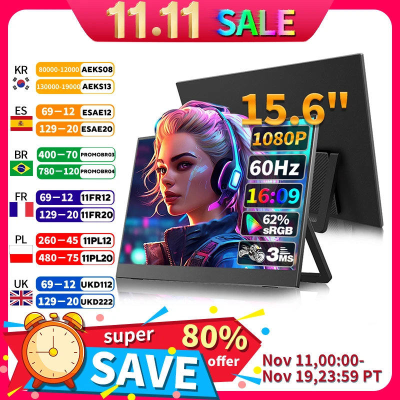 

Портативный монитор 15,6-дюймовый игровой монитор Full HD со встроенным кронштейном VESA Настенный монитор для ПК Mac Mobile Xbox PS5