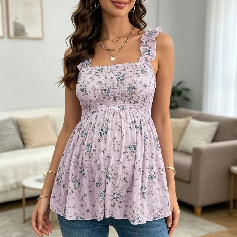 lightweight-polyester-pregnancy-top-stylish-floral-design-flexible-clothing-perfect-for-casual-outdoor-activity