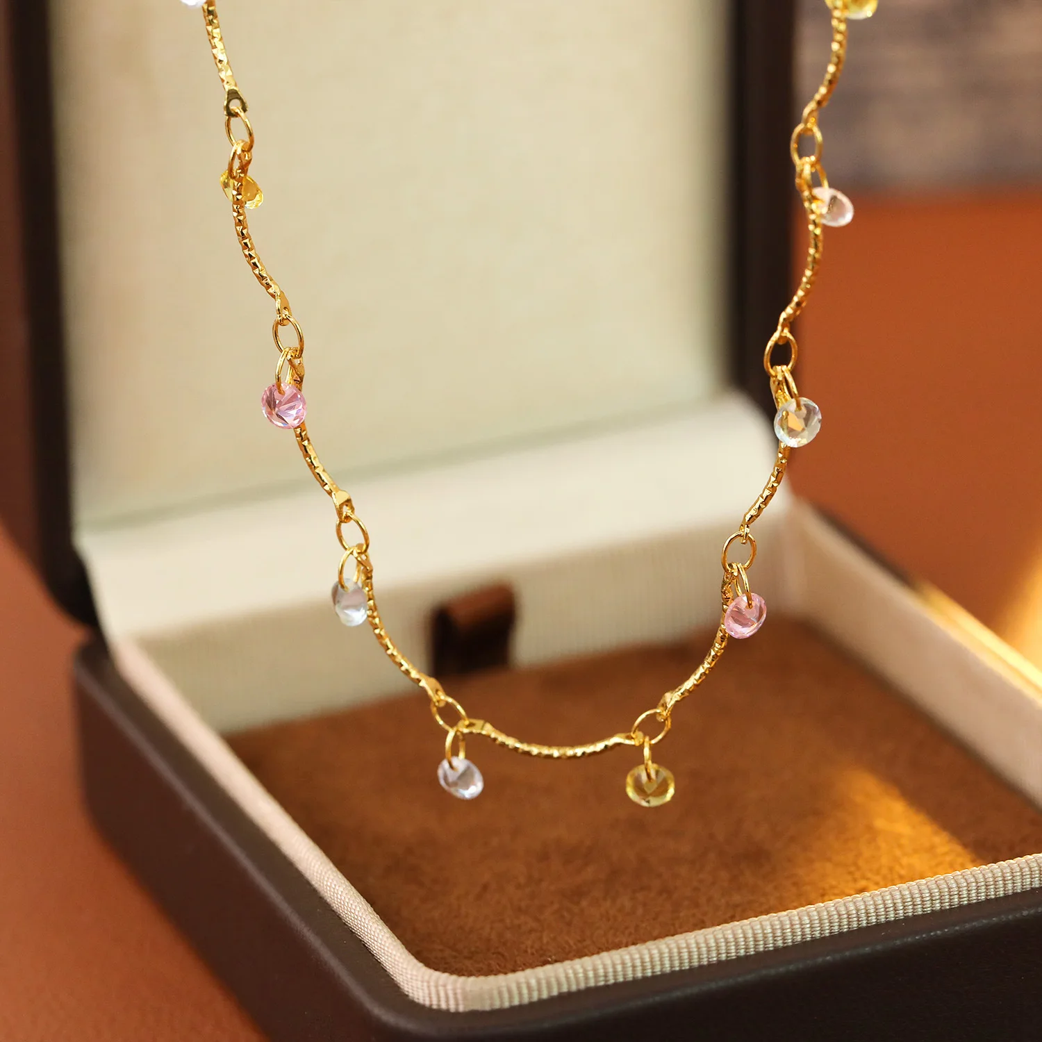 High Quality Minimalist Luxury Geometric Colored Zircon Pendant Necklace and Bracelet Set Daily Wear Fashion Versatile Jewelry