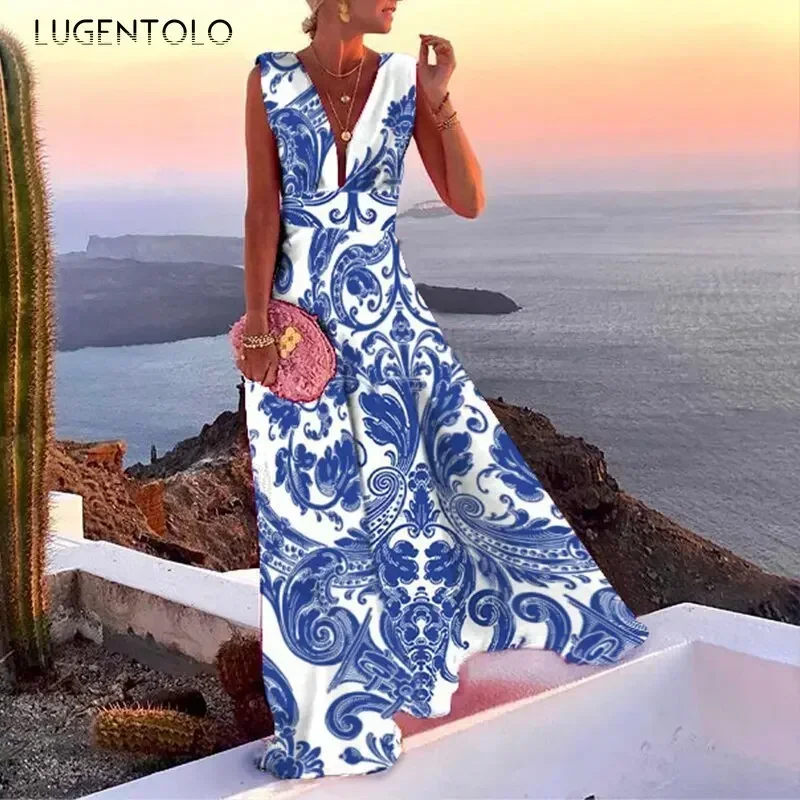 Women Elegant Temperament Dress Sleeveless Summer Thin Sexy Deep-v Neck Lady Empire Big Swing Party Maxi Clothing view 4
