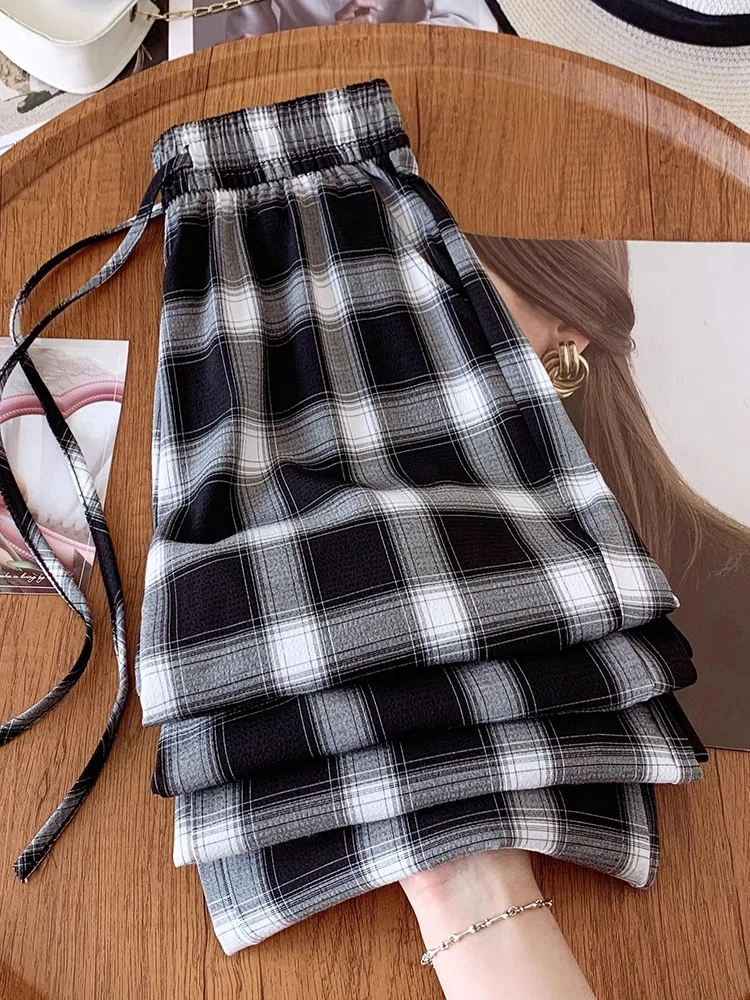 

Женские брюки с высокой талией и широкими штанинами из тонкого ледяного шелка в клетку, прямого кроя, летние, прохладные, с защитой от солнца, повседневные, в корейском стиле