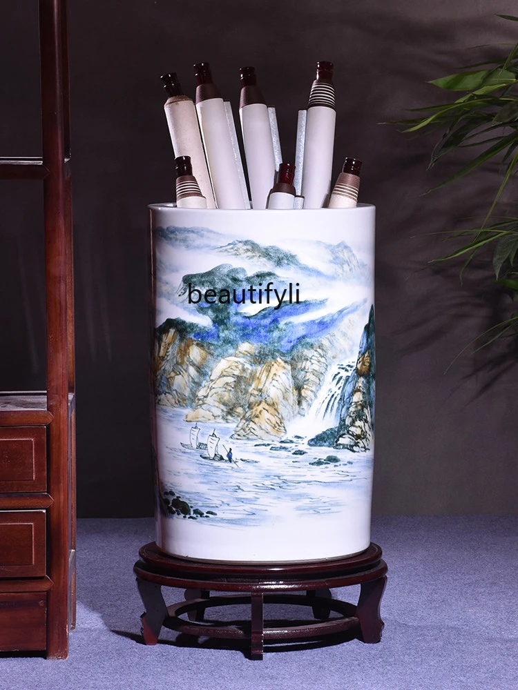 

Jingdezhen Porcelain Hand Painted Painting and Calligraphy Jar Floor Vase Quiver Chinese Calligraphy and Painting Storage Bucket