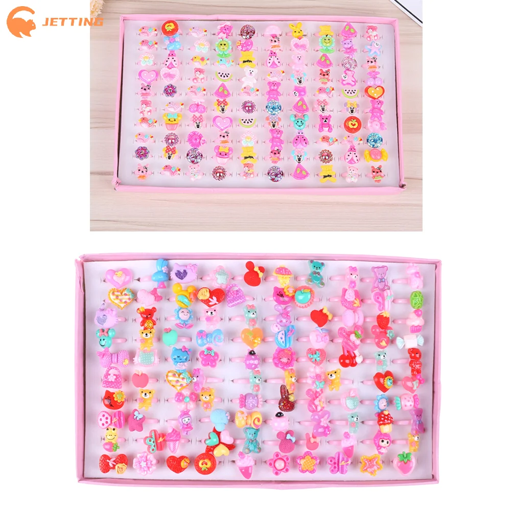 10Pcs Lovely Mixed Child Open Design Resin Candy Flower Finger Rings Plastic Pink Kid Ring Children Party Gifts Birthday Girls