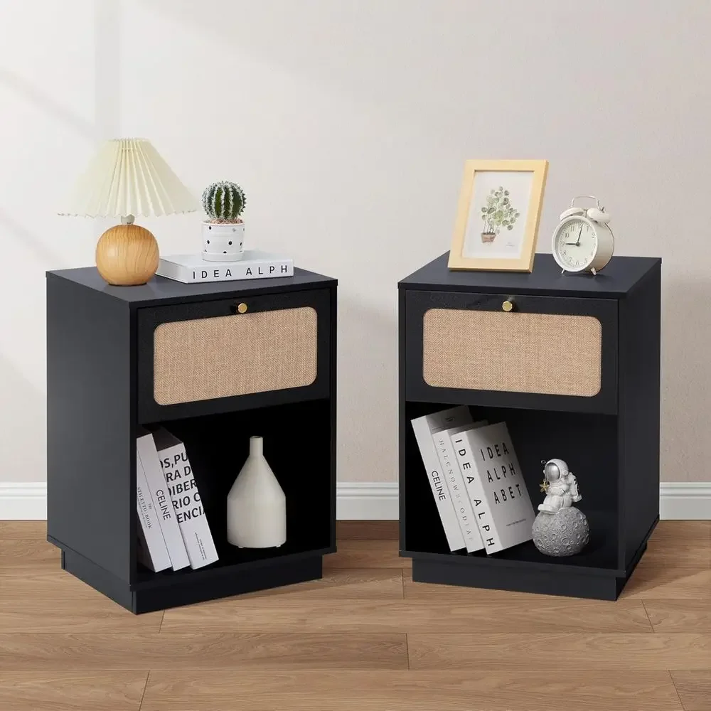 Pair of 16 Vintage-Style Wooden Nightstands, Bedroom Side Tables with Drawer and Shelf, Ideal for Small Spaces, Bohemian Decor f