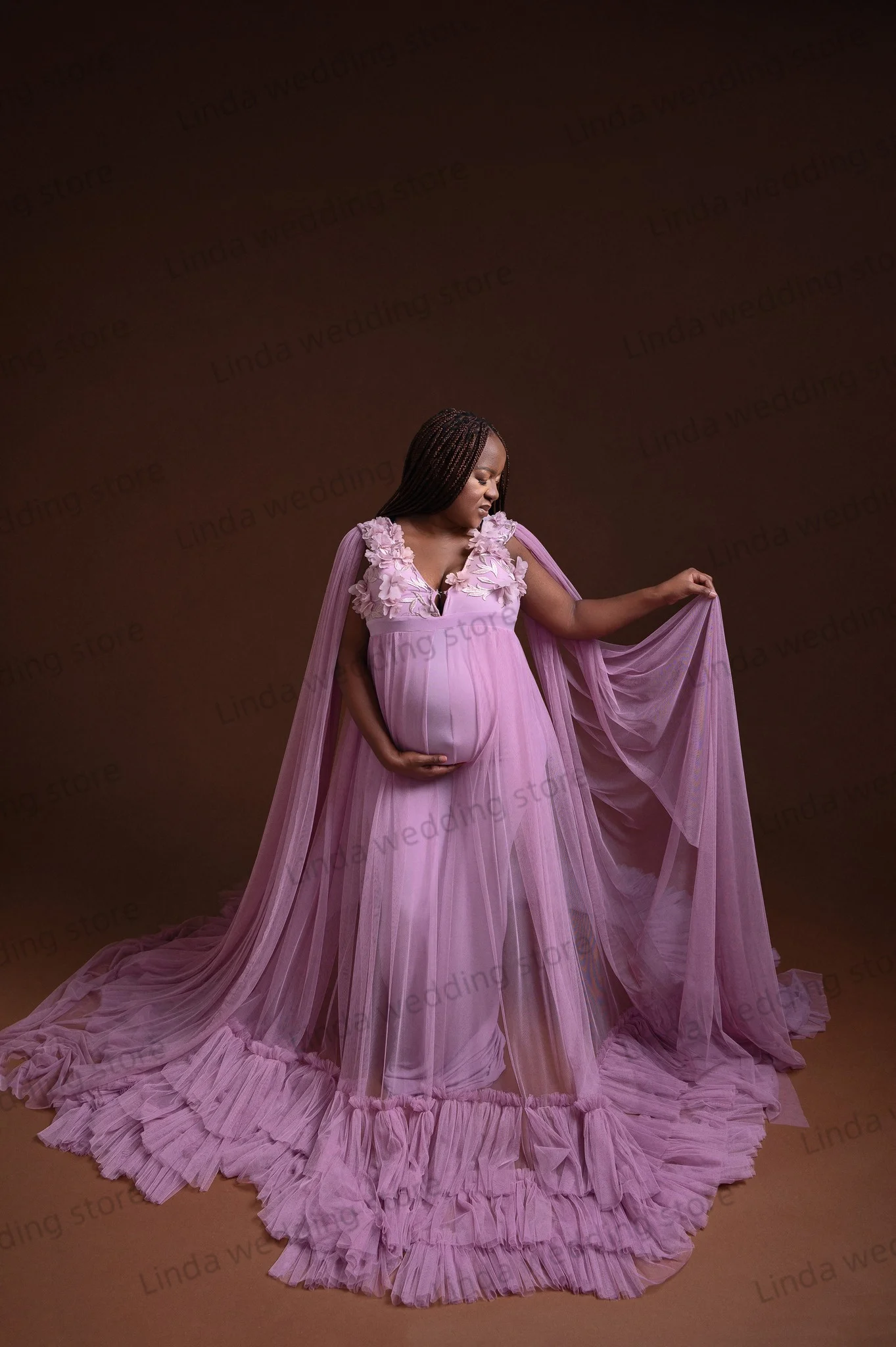 Pink Maternity Dress for Photo Shoot Illusion Floral Tulle Vestidos  Lace Appliqued Split Evening Dresses Babyshower Women Gowns