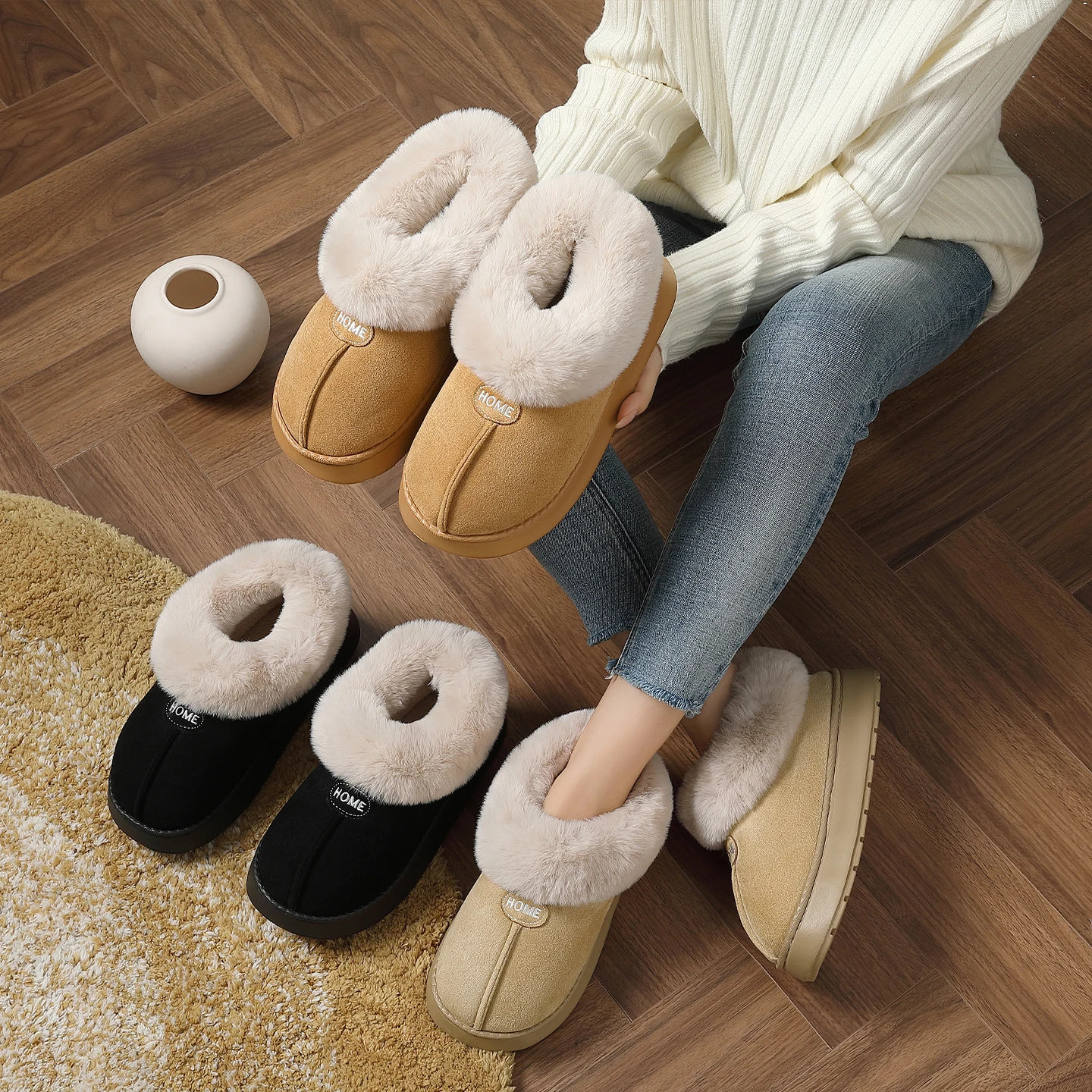 أحذية شتوية نسائية ذات نعل سميك مبطنة بالفرو، أحذية ثلج عالية الرقبة، شباشب دافئة للمنزل مع كعب خلفي، شباشب قطنية للارتداء في...