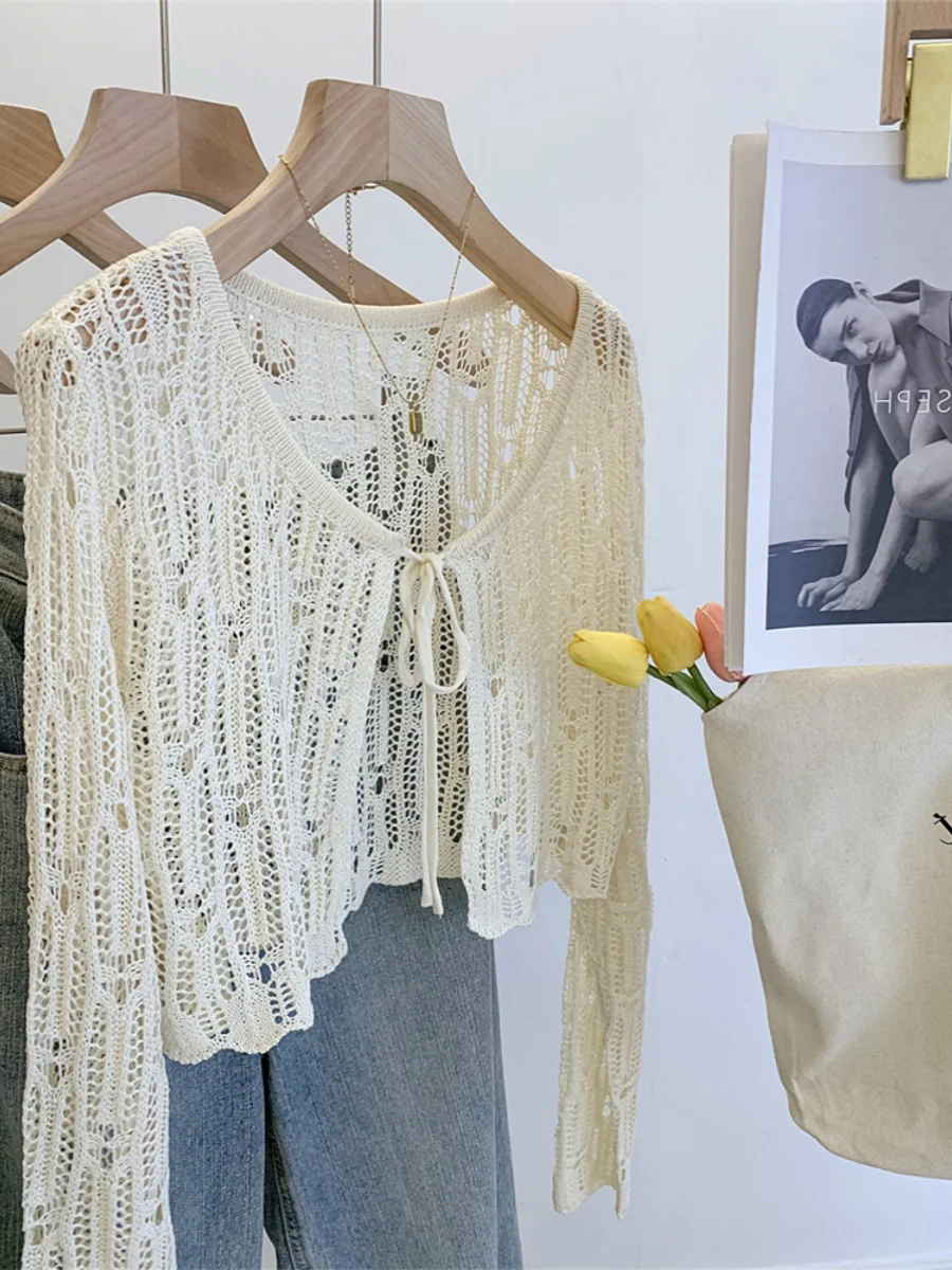 Apricot Hollow Out Sunscreen Knitted Cardigan Women Spring Summer Long Sleeve Lace-up Short Shawl Casual Thin Outerwear