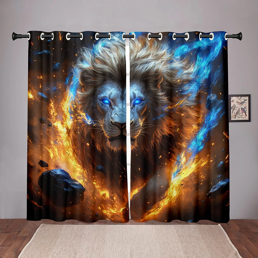 2 Pcs 3D Fire Ice Lion Curtains Cool Contrast Print Bedroom Living Room Decor Creative Animal Art Window Panels