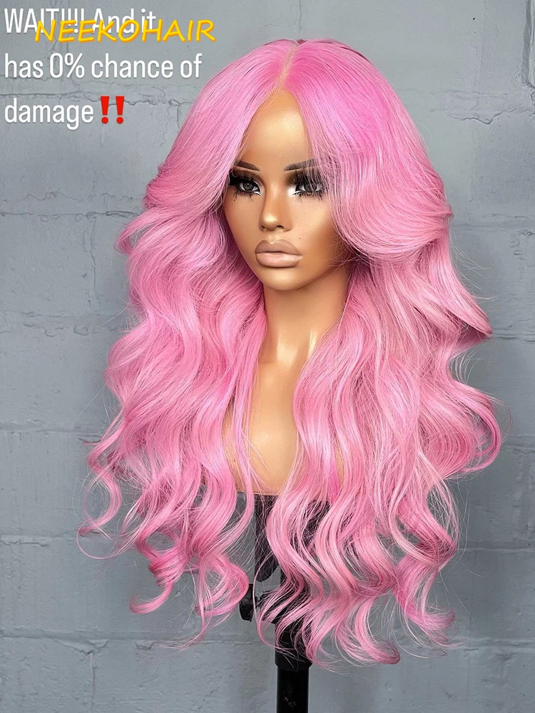 Peluca Frontal de encaje rosa 13x6 Hd, peluca rosa con encaje Frontal de color transparente prearrancado de onda suelta para mujeres, pelucas de cabello humano