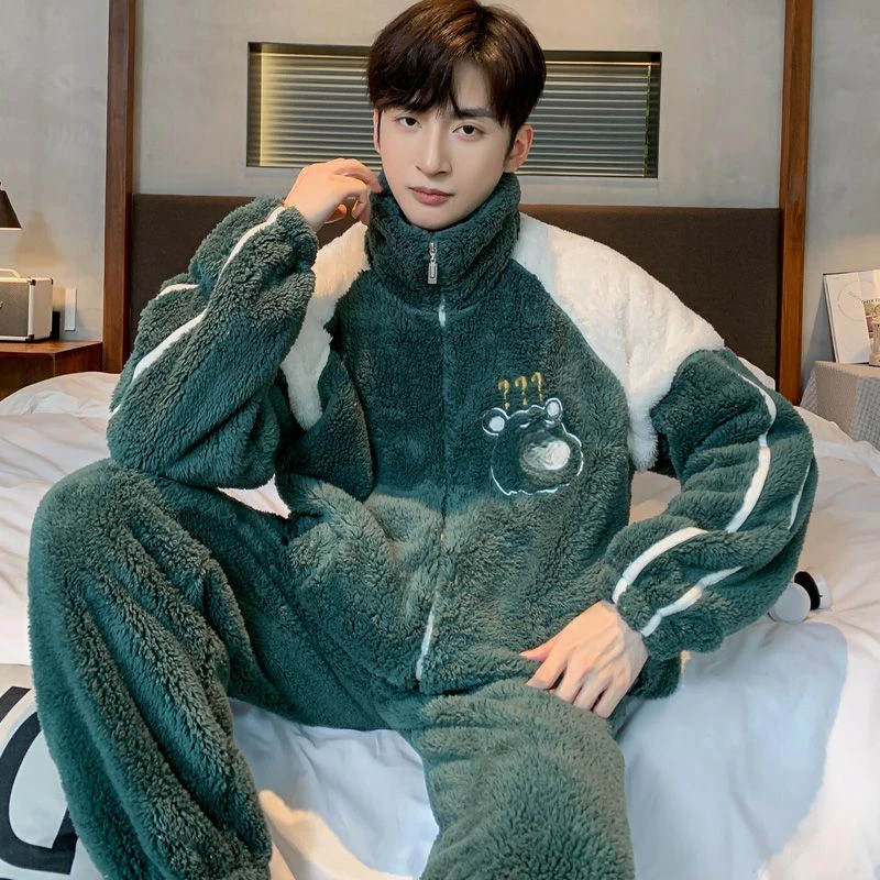 Pyjamas Wintertime Intensification Brushed Coral Plush Male Adolescent Zipper Loungewear Round Neck Set Pijamas for Men