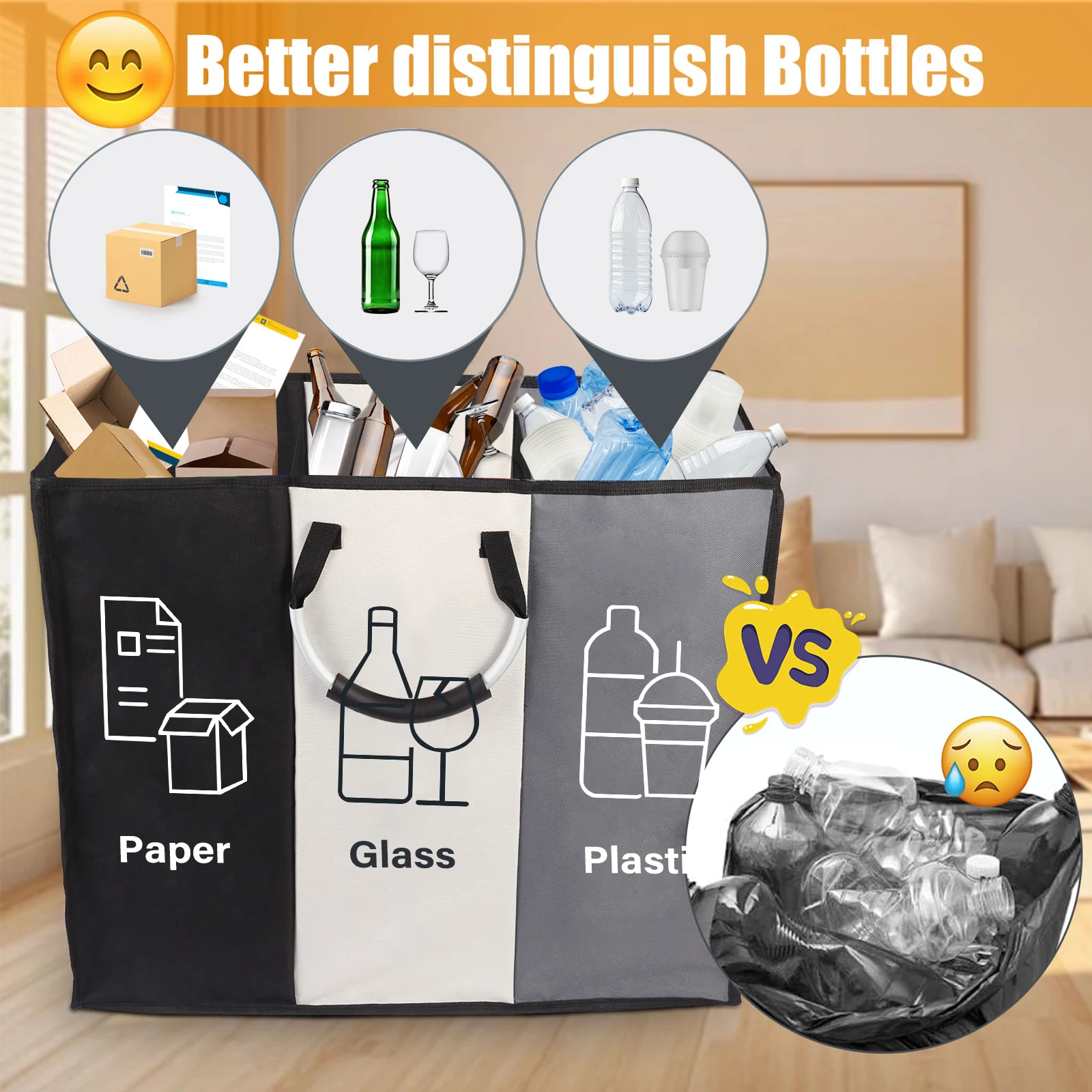 Deposit Bottle Collector Bins with 3 Compartments Recycling Bins Odor-Resistant Recycle Bin Indoor Bottle Hamper for Hom