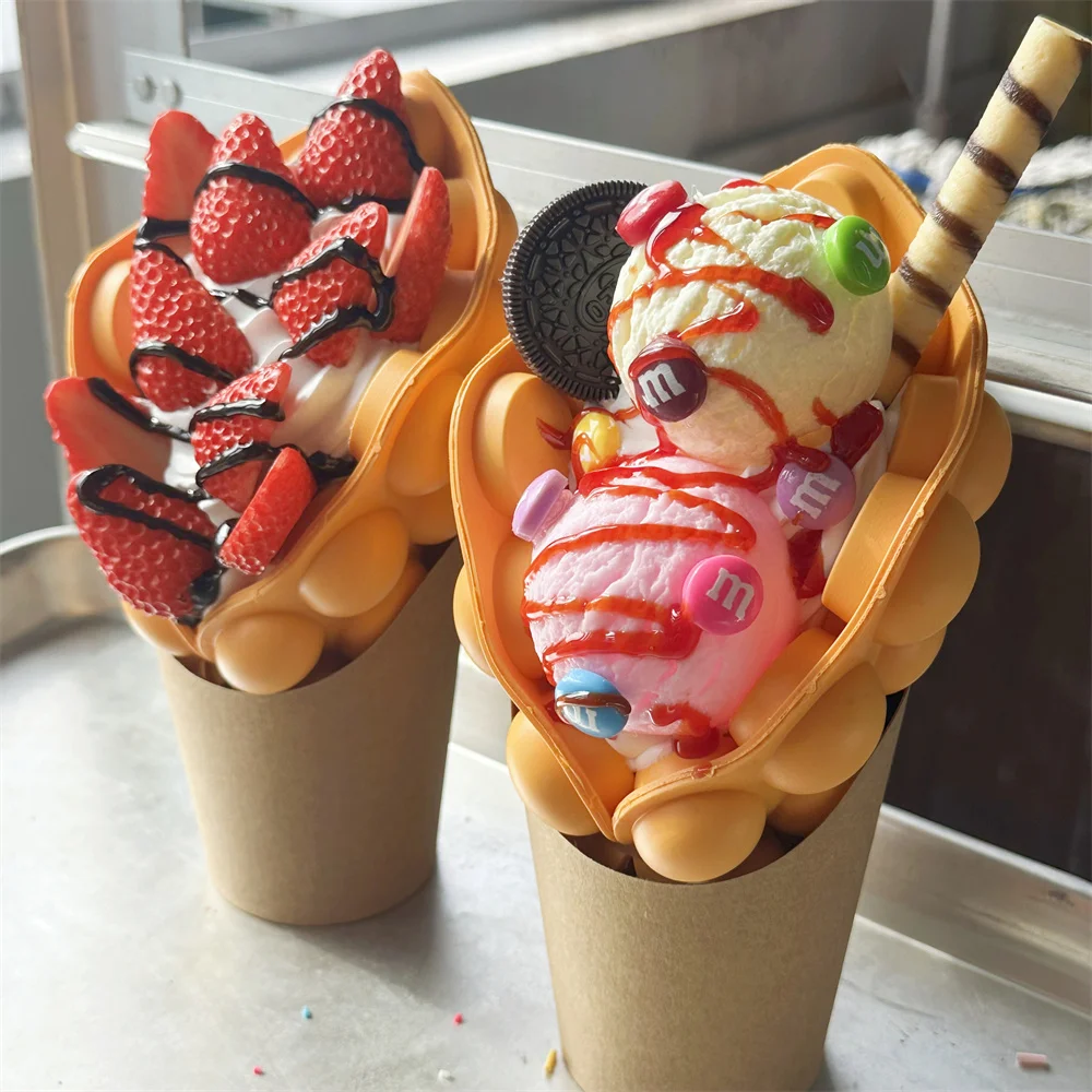 2pcs Set Sweet Sugar Ice Cream Scoop Strawberry Chocolate Sauce Cream Street Snacks Cart Market Sales Model Gift Bubble Waffle