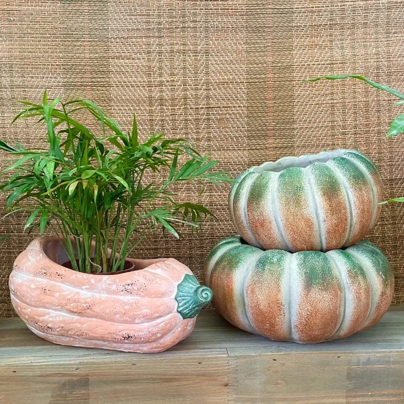 Handmade Ceramic Cement Flower Pot  Natural Pumpkin-Shape Planter  Potted Plant Container Outdoor Desktop Succulent Pot