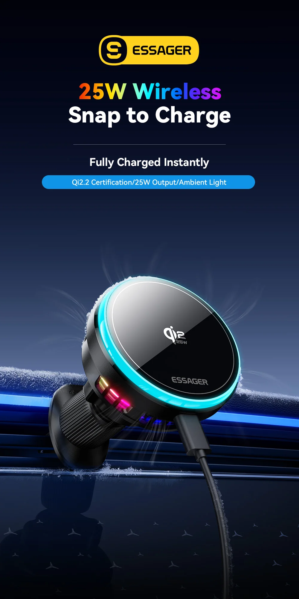 Essager 25W Magnetisches Kabelloses Autoladegerät für Huawei Xiaomi iPhone 17 16 Pro MacSafe RGB Auto-Handyhalterung Schnelle Ladestation – Detail 2