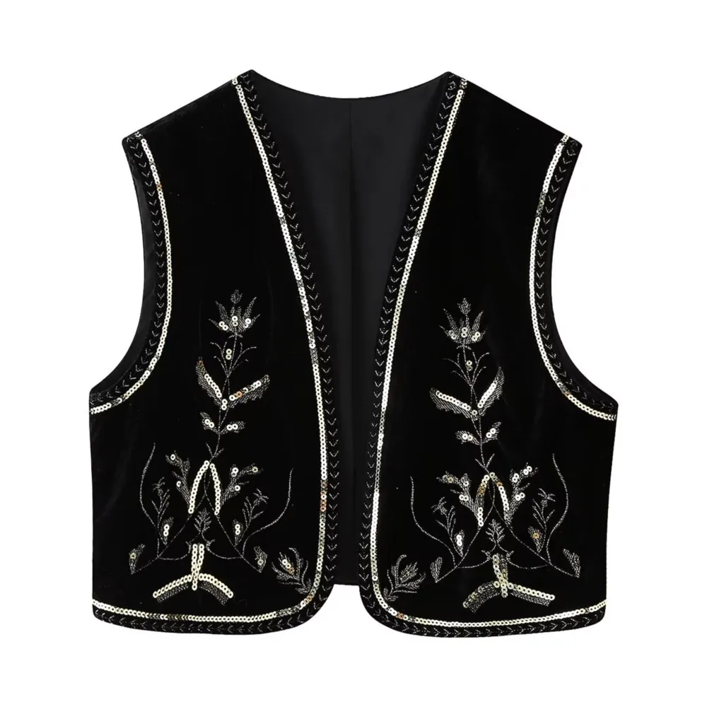 

2025 Women Velvet Sleeveless Vest Jacket Vacation Loose Tops Ethnic Velour Beading Sequin Embroidery Line Flower Open Waist Coat