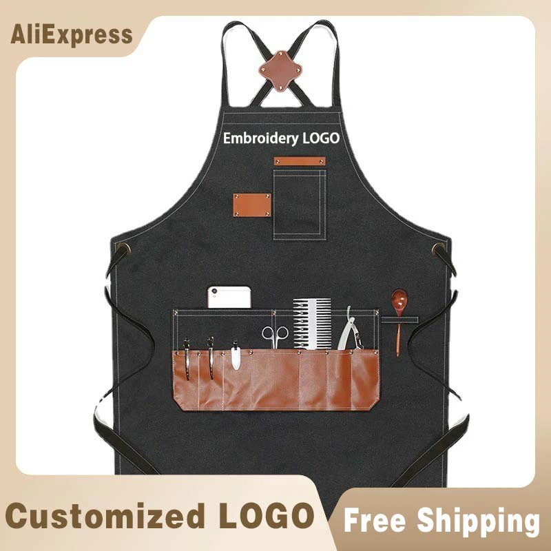 

Custom Barbershop LOGO Waterproof Name Bakery Catering Woodworking Overalls Pocket Multi-purpose Apron