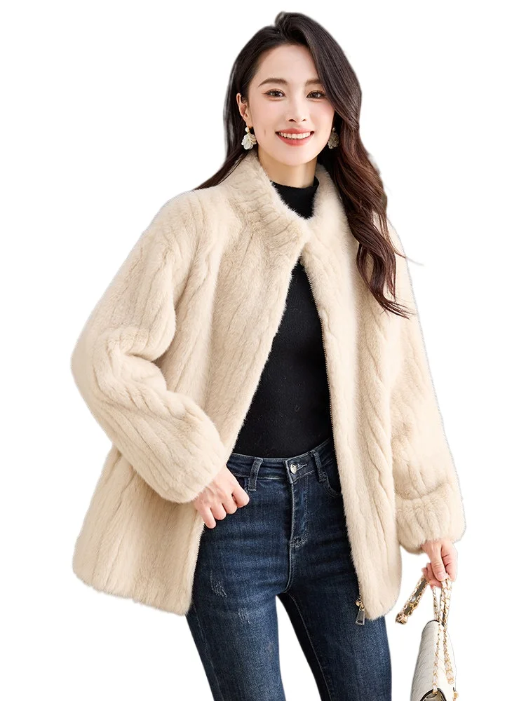 Mink fleece fur jacket fur integrated new winter environmentally friendly mink coat zipper vertical collar imitation mink