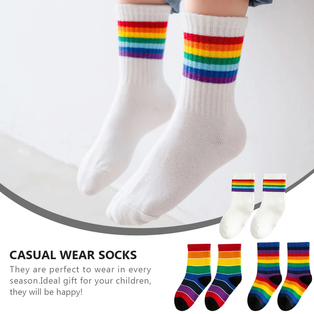 

3pcs Kids Cotton Medium Tube Rainbow Stripe Design Soft Breathable Comfortable Casual Wear Daily For Children Mid-Calf Length