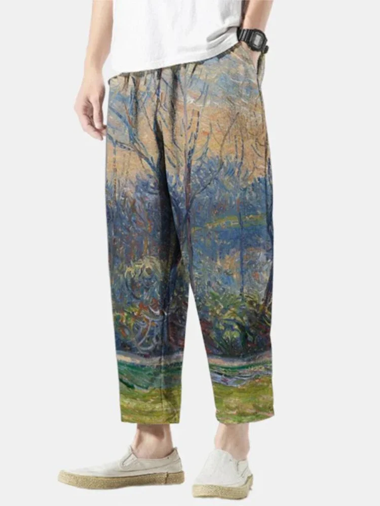 Full Length Wide Leg Pants Printed Harajuku Landscape Painting Summer Straight Trousers Streetwear Sweatants Men Clothing