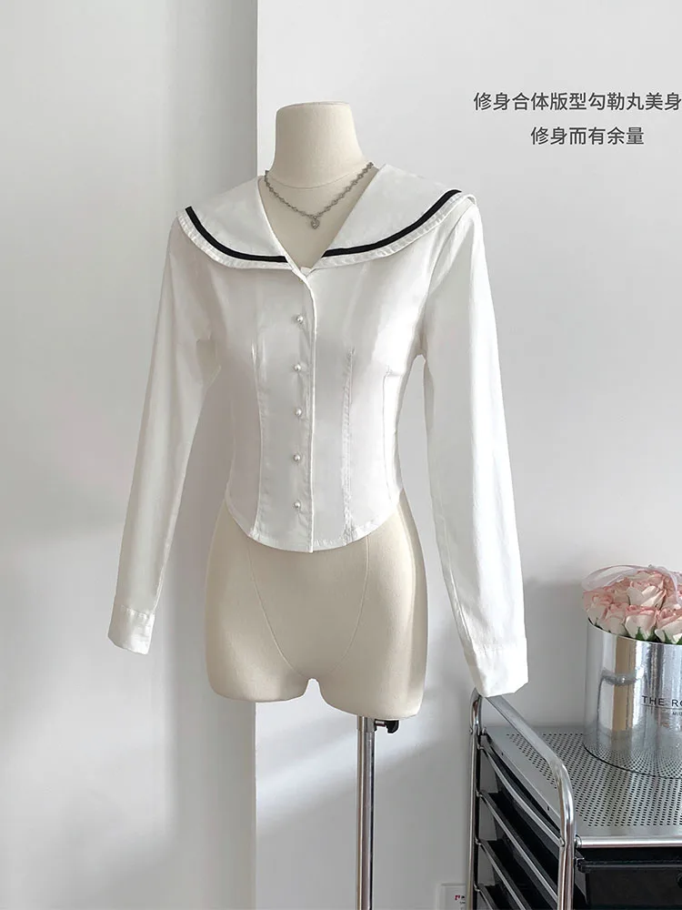 Fashion All-match Sailor Collar Shirt Sleeve Tops Women White Slim Single Breasted Blouses Preppy Style Autumn Chiffon Shirts