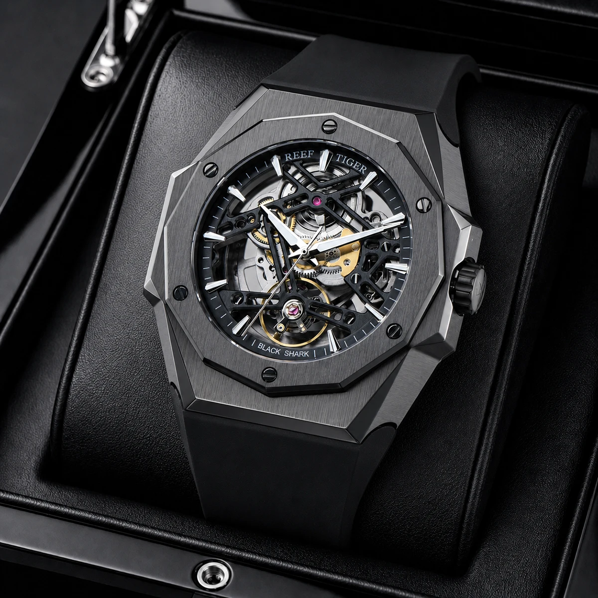 Reef Tiger/RT RGA6919 Classic Men's Retro Watch Automatic Mechanical Frame Black Case Rubber Strap Luxury Mechanical Watch Reloj