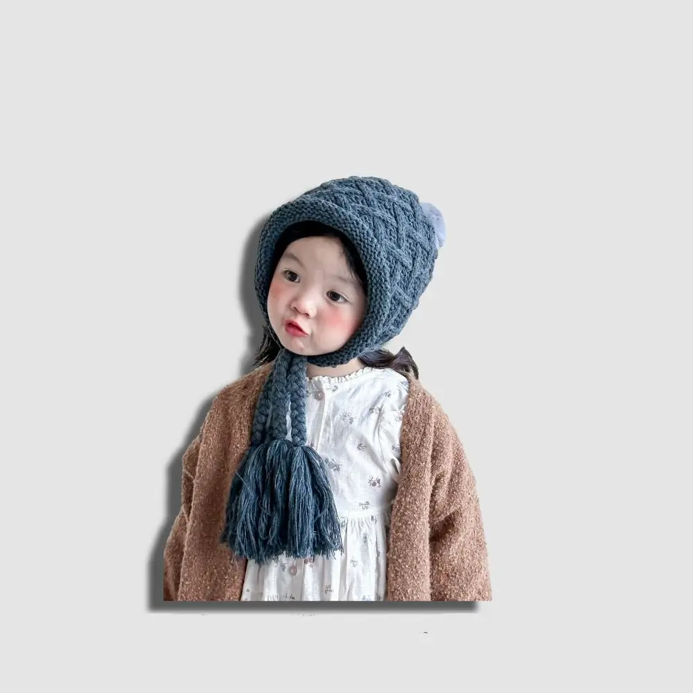 High Quality Autumn Winter Knitted Hat Warm Tassel Pigtail Princess Hat Windproof Cold Proof Ear Protection Cap for Children