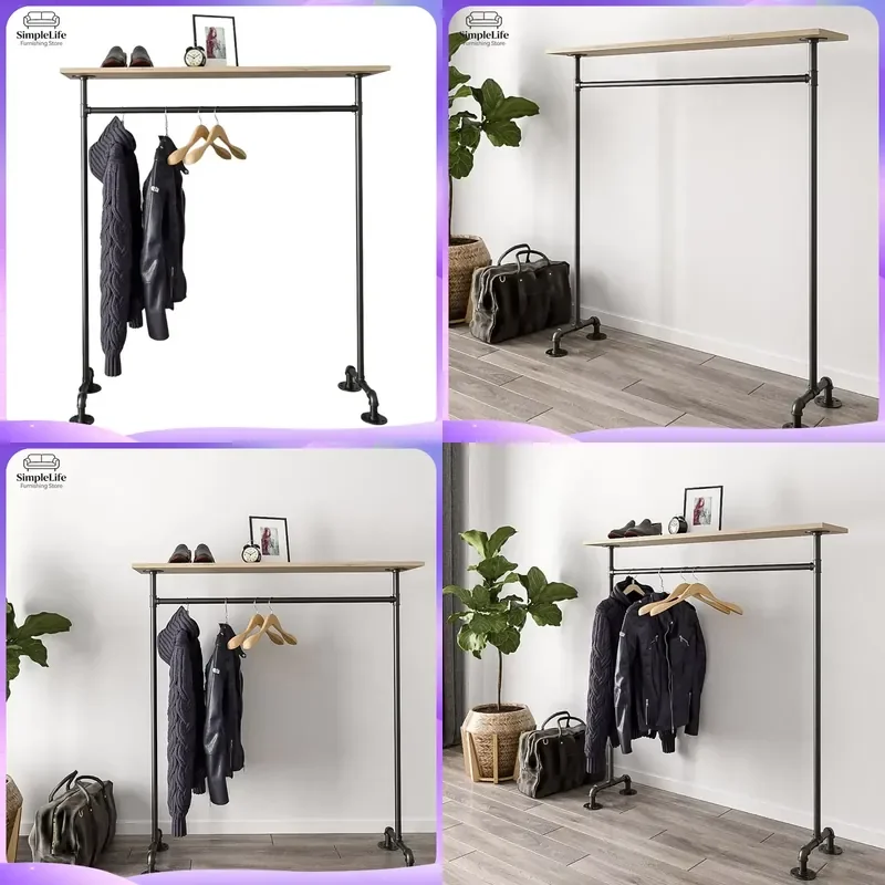 Industrial Coat Rack with Wooden Top Metal Legs Modern Freestanding Clothes Hanger Stand for Bedroom Entryway Hall Living