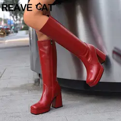 REAVE CAT Women Knee High Boots Toe Block Heels 10cm Platform 2.5cm Big Size 43 Concise Female Bota