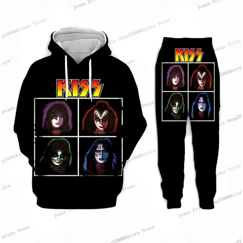 KISS Rock Band 2 ชิ้นชุด 3d พิมพ์ Hoodie กางเกงชุดแฟชั่นชายชุด Hip Hop Casual Hoodies กางเกงวิ่ง 2 ชิ้นชุด