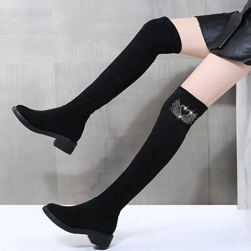 Women's Over Knee Stretch Boots 2025 Autumn Winter New Design Crystal Embellished Thick Heel Slimming Faux Fur Lining Warm Boots