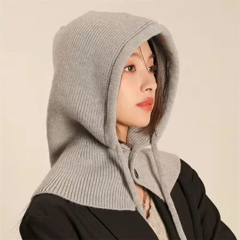 New Women\'s Hooded Scarf Pullover Hat Solid Color Knit Pullover Drawstring Balaclava Winter Warm Hat Beanie 6 Colors