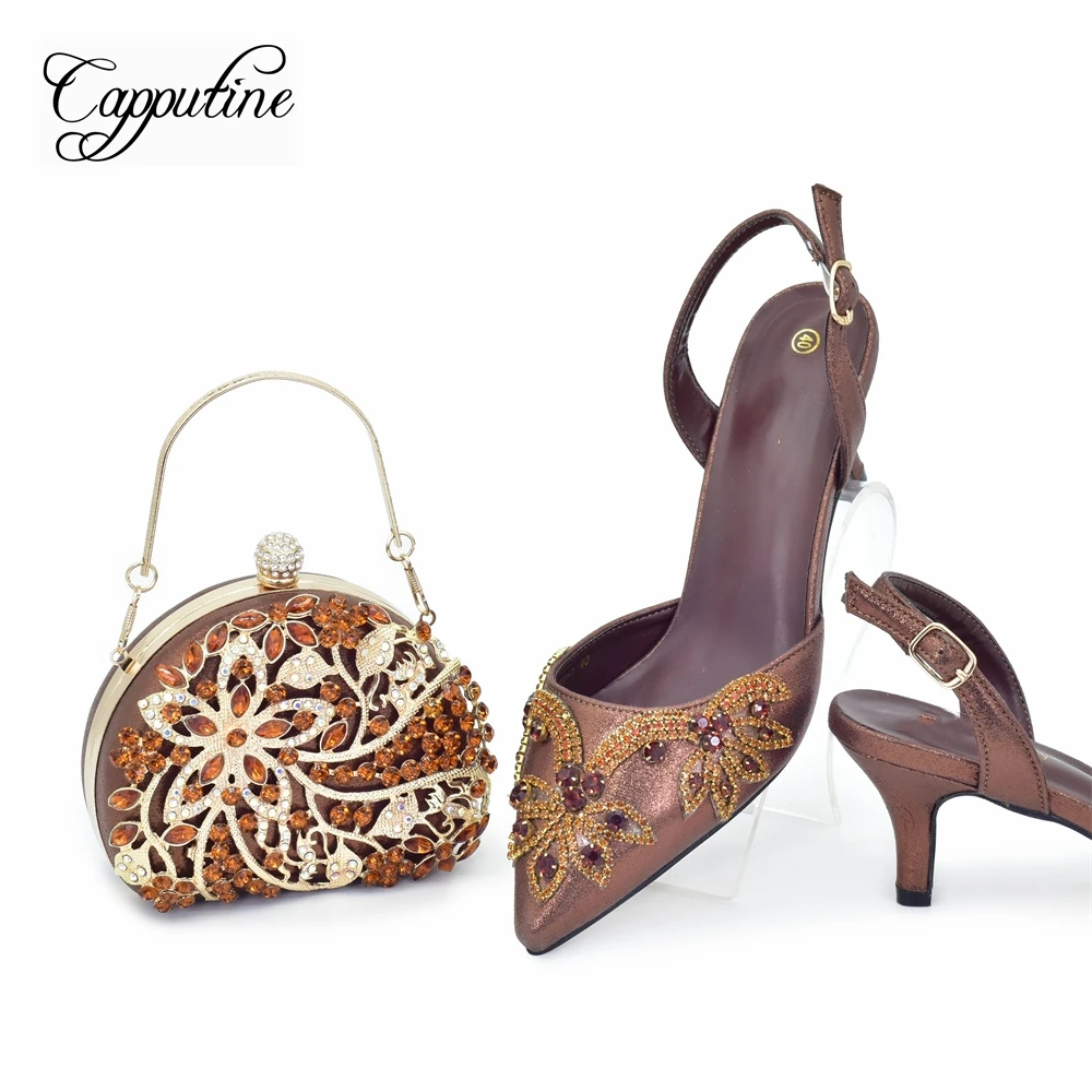 Coffee Women Shoes And Bag Set Fashion African Ladies Sandals Match With Handbag Clutch Pumps Escarpins Femme Sandales 938-101