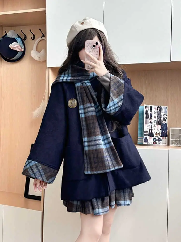 

Japan JK Uniform Winter Woolen Cape Suit Fashionable Blue Plaid Cape Scarf Collar Woolen Jacket + Skirt Suit