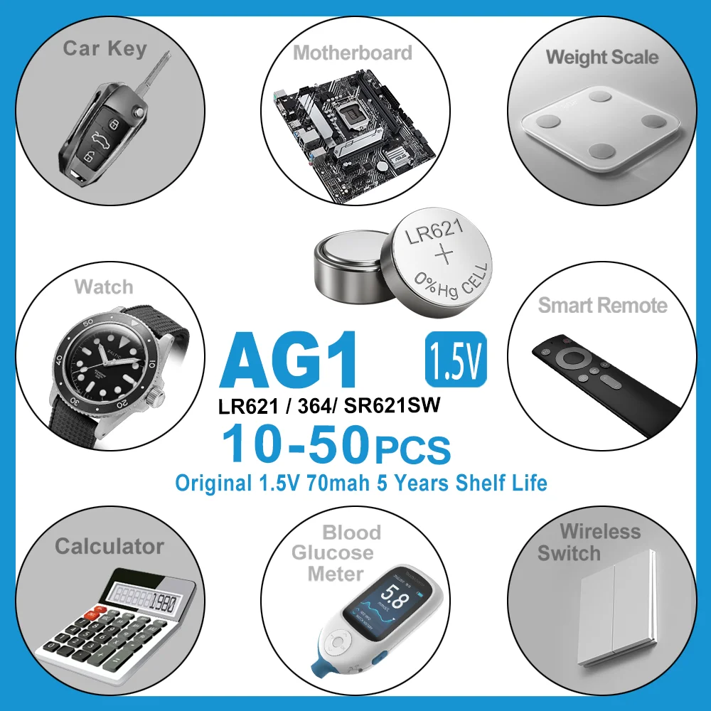 10-50PCS AG1 LR621 364 V364 164 531 SR621 SR621SW SR60 CX60 1.55V Alkaline Battery For Watch Car Key Remote Toy Button Coin Cell