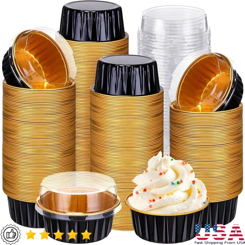 

400 Pcs Aluminum Foil Baking Cups with Lids Disposable Ramekins Cake Pans Muffin Tins Dessert Containers Parties Events
