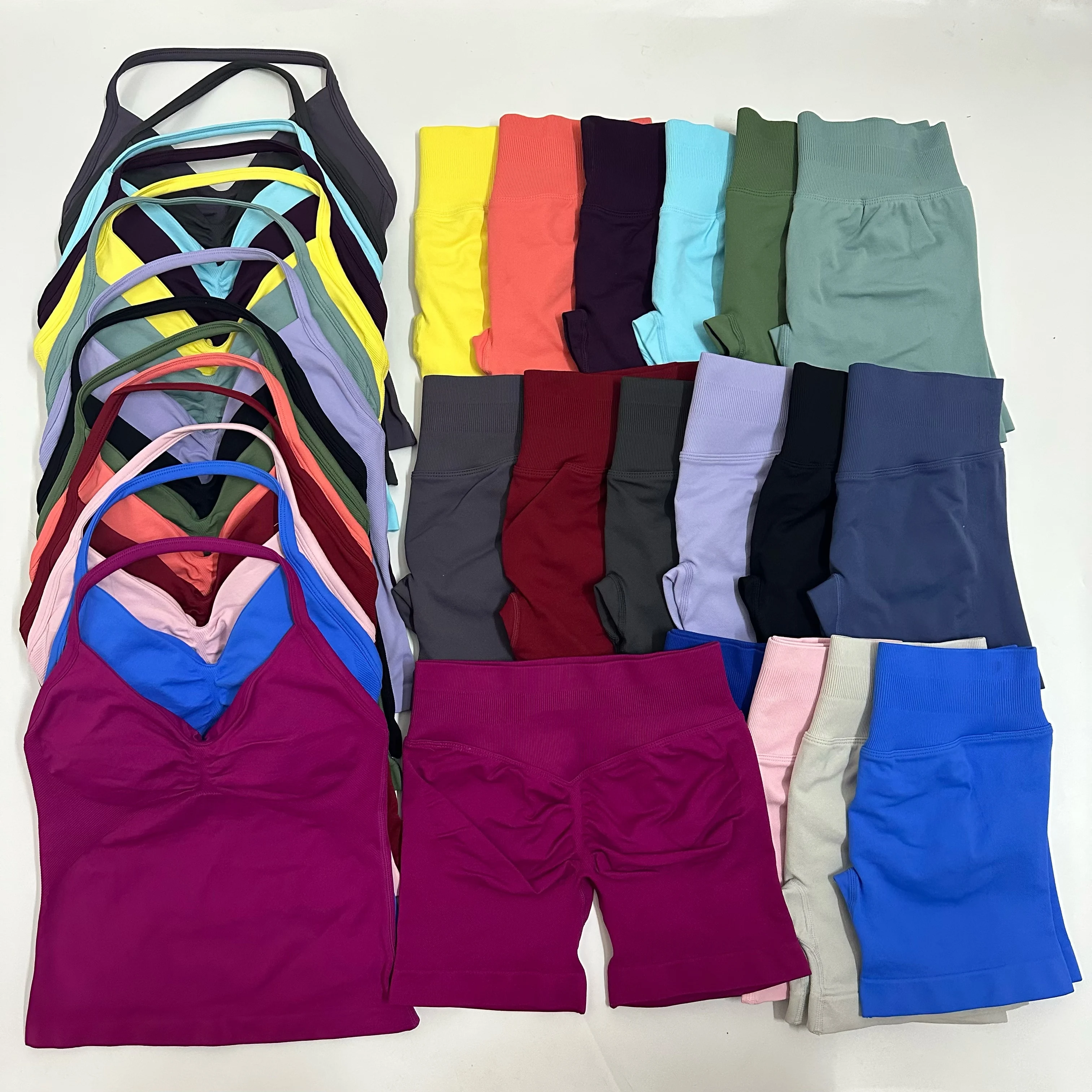 LAXSESU 2 Pieces Seamless Gym Suit Women Backless Strappy Tank Tops High Waist Scrunch Booty Shorts Fitness Training Workout Act