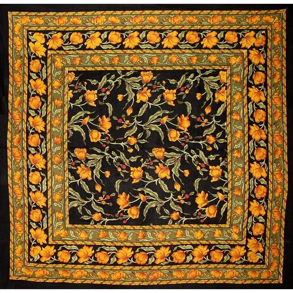 

Французская хлопковая скатерть с цветочным узором, 60x60 дюймов, янтарный цвет на черном фоне