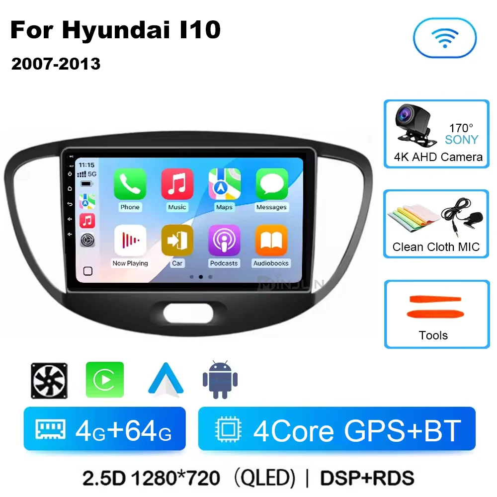 Android 15 CarPlay Auto Qualcomm Autoradio Voor Hyundai i10 2007 2008 2009 2010 2011 2012 2013 GPS Multimedia Speler stereo