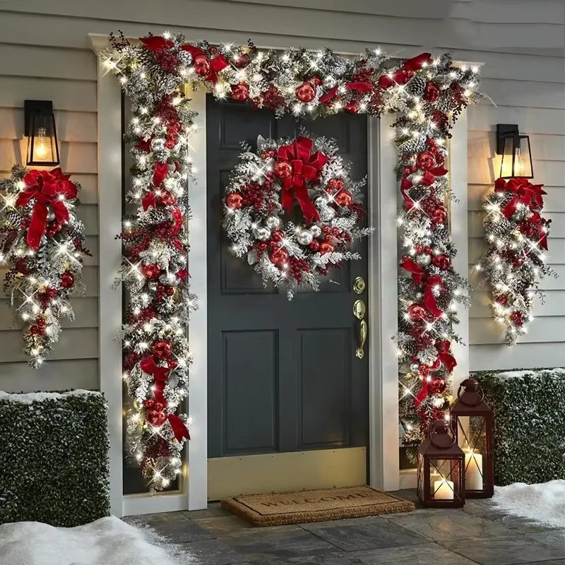 Christmas Decoration Door Curtain Hanging Set Flocking Luminous Wreath Decoration Rattan Lights Wreath  for Christmas Decoration