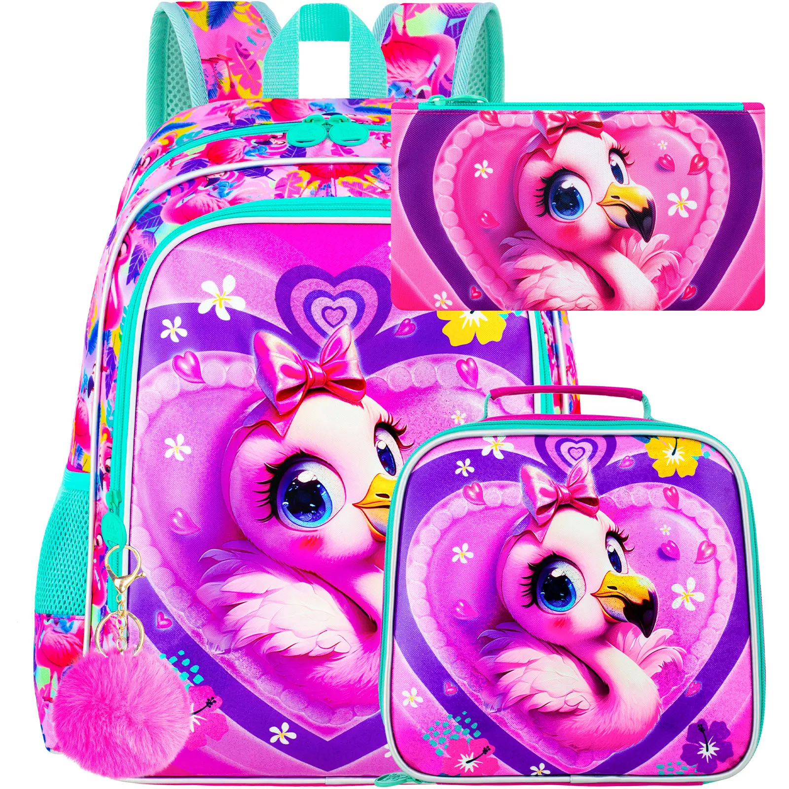 

16" Girls Backpack, 3Pcs Flamingo School Bookbag with Lunch Box, Kids Backpacks for Elementary Preschool Kindergarten(Pink)
