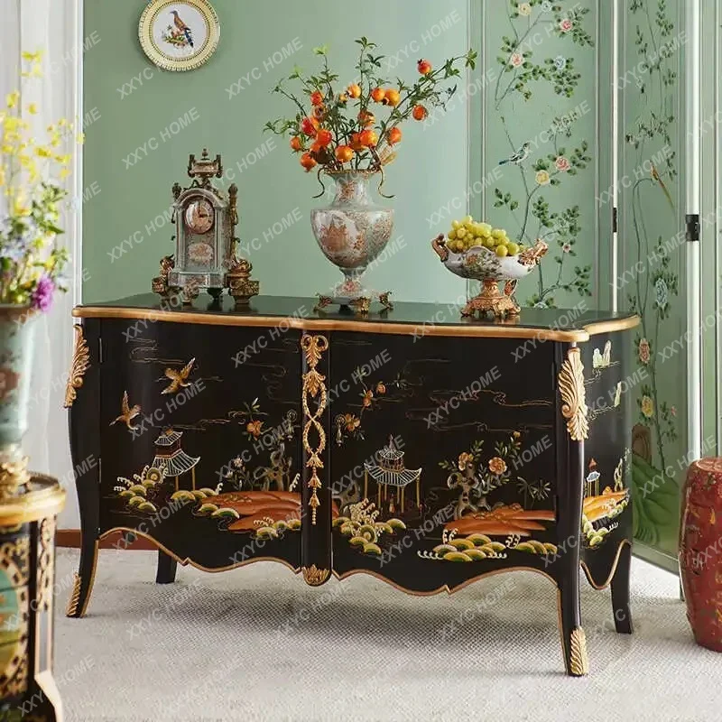 

X Solid Wood Painted Entrance Cabinet, Living Room Storage, Dining Side Cabinet, Neoclassical Retro Black Entrance