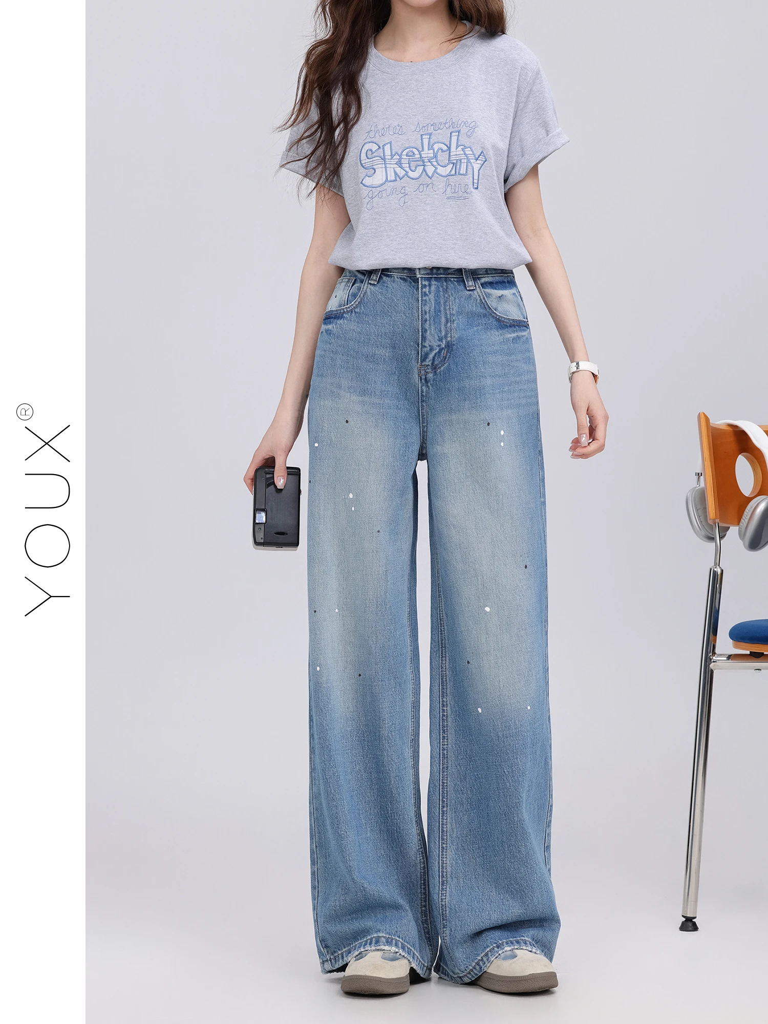 

Vintage Blue Wide Leg Jeans High Waist Denim Pants Summer New Style Slimming Effect Casual High Street Fashion Women's Jeans