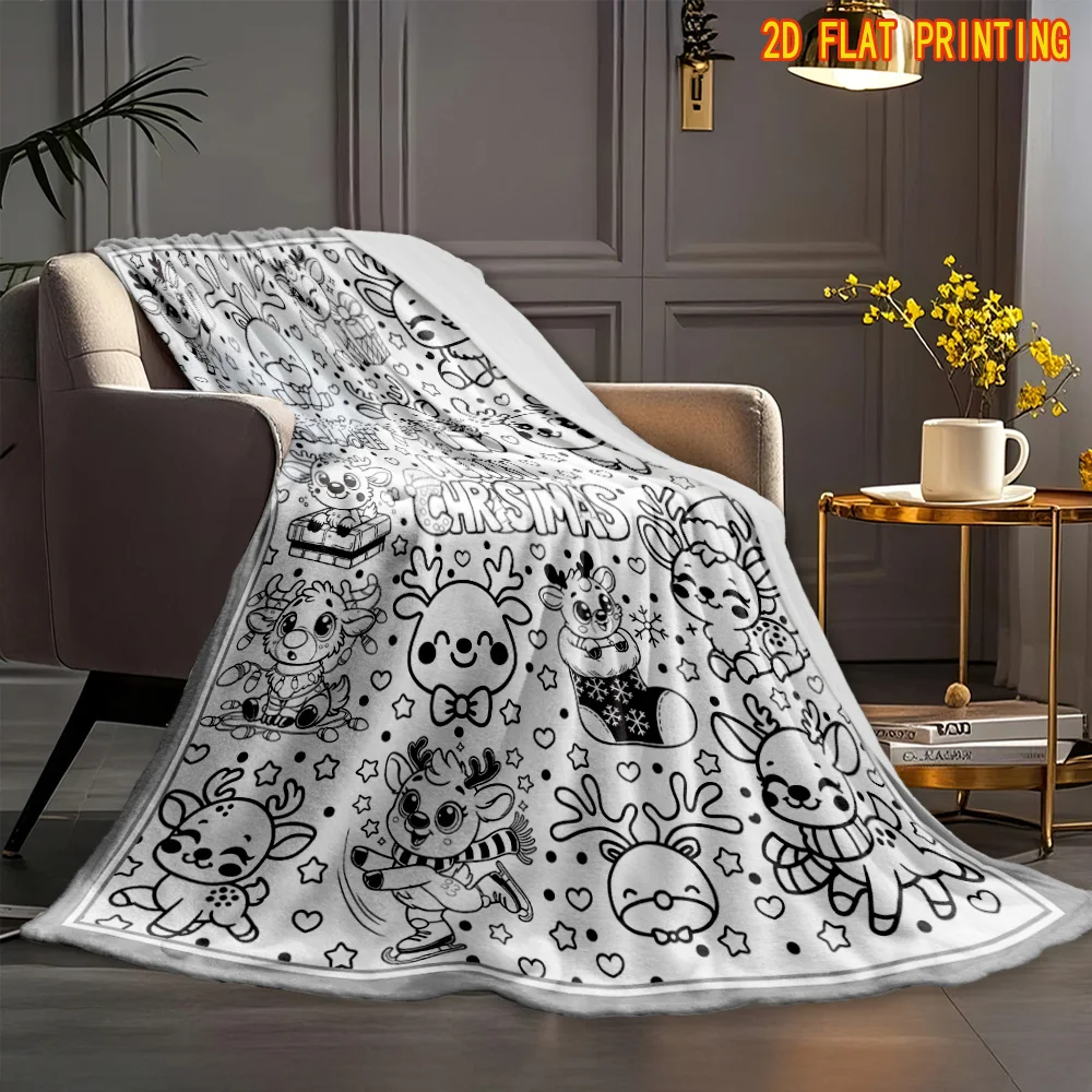 1pc 2D Flat Black‑White Colorable Christmas Reindeer Harvest Throw Blanket, Cute Reindeer With Candy Gift Box
