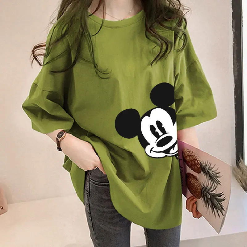 Disney Mickey Printed Large Size T-shirt Women\'s Short-Sleeved Girl Summer Solid Colorful Mid-Length Loose Wild Mouse Top