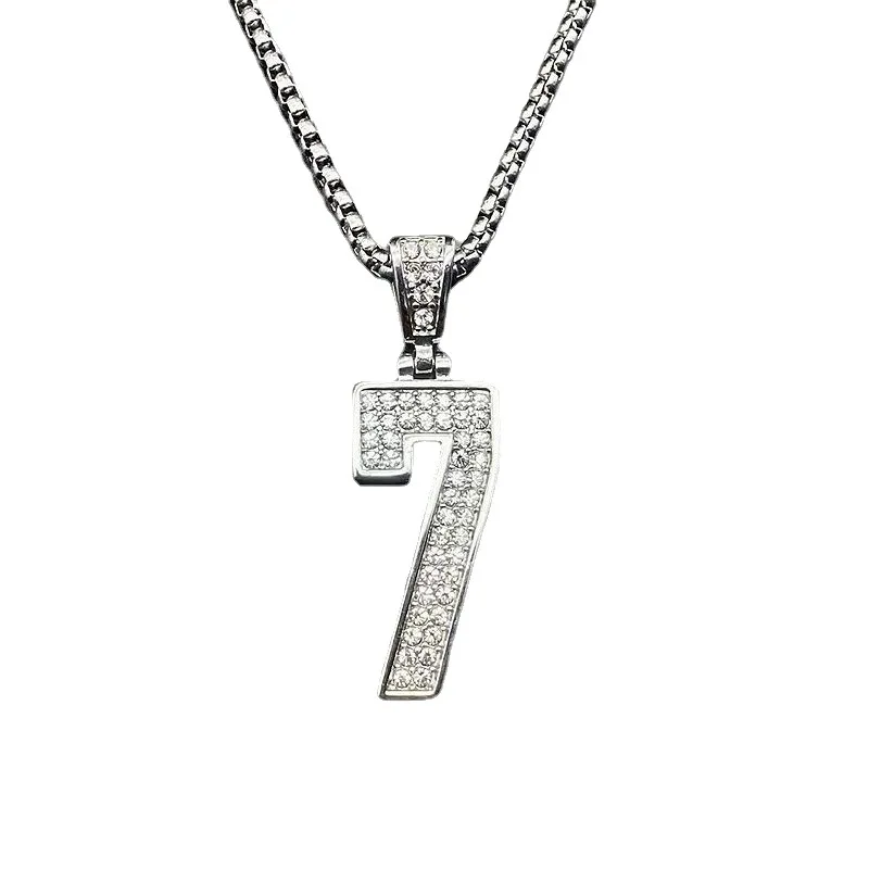 Stainless Steel Titanium Hip Hop Number 7 Bling Iced Out Pendant Collar Chain Necklace for Men Women Couple Gift Fashion Jewelry