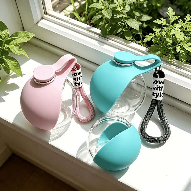 Sea Salt Blue Spherical Portable Water Bottle with Hanging Strap, Anti-Shock Transparent Cup, Ins Style Niche Design