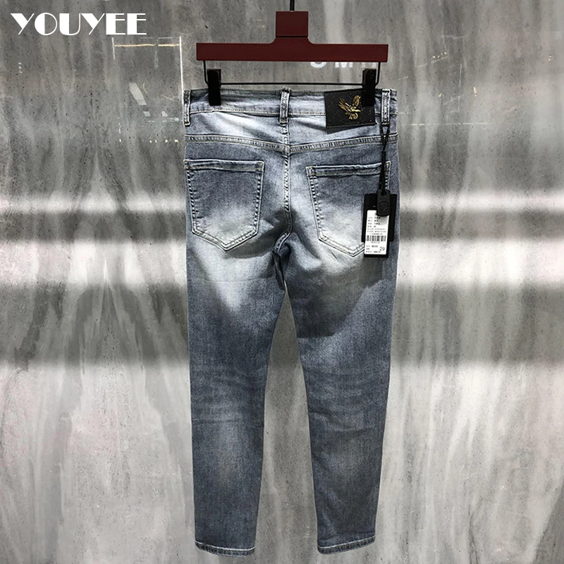 Jeans Men's Slim Fitting Eagle Print Hot Diamonds Designer Fashion Hip-hop Punk Light Color Elastic Straight Man Pants 28-36size