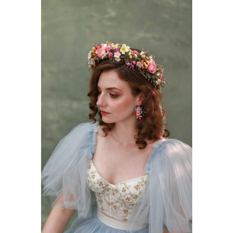 3PCS/Wildflower Wedding Accessory Set – Flower Crown, Bracelet & Earrings for Bride, Boho Mexican Floral Headpiece/Lightweight