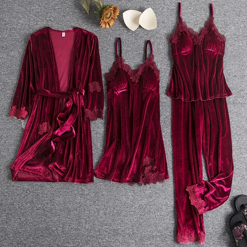 

Велюровый Пижамный костюм женский бордовый из 4 предметов Ночная рубашка комплект для сна весенний халат ночная рубашка Пижама бархатная Ночная одежда домашняя одежда