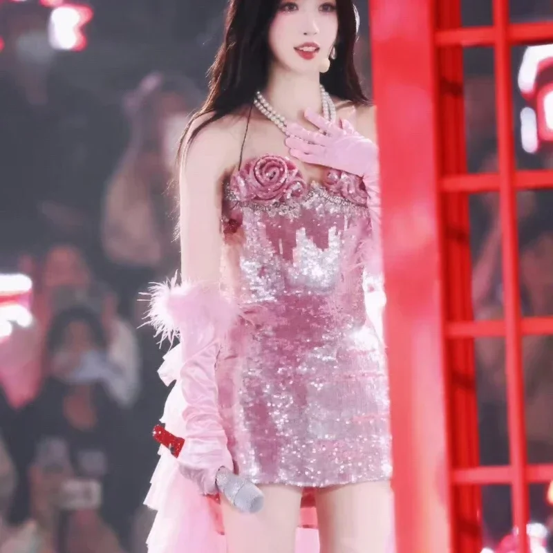 Robe à paillettes roses pour femmes, jupe en maille de gâteau de fleur, vêtements de performance sur scène, tenues Y2K, chanteuse coréenne Kpop, interdit le costume